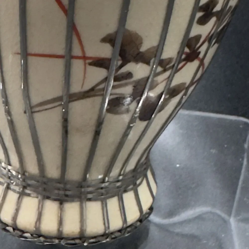 Japanese Meiji period Awaji Vase w/silver basket weave overlay pottery floral de
